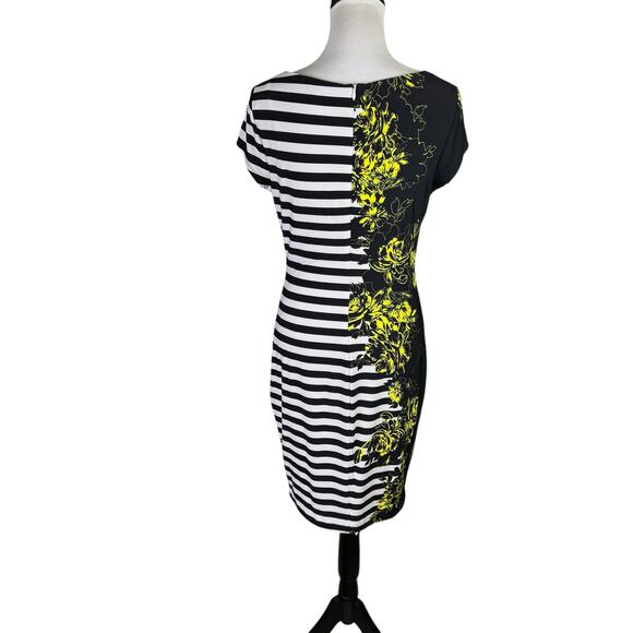 Cache Black & White Stripe Yellow Floral Print Jersey Knit Stretch Sheath Dress - Picture 3 of 10